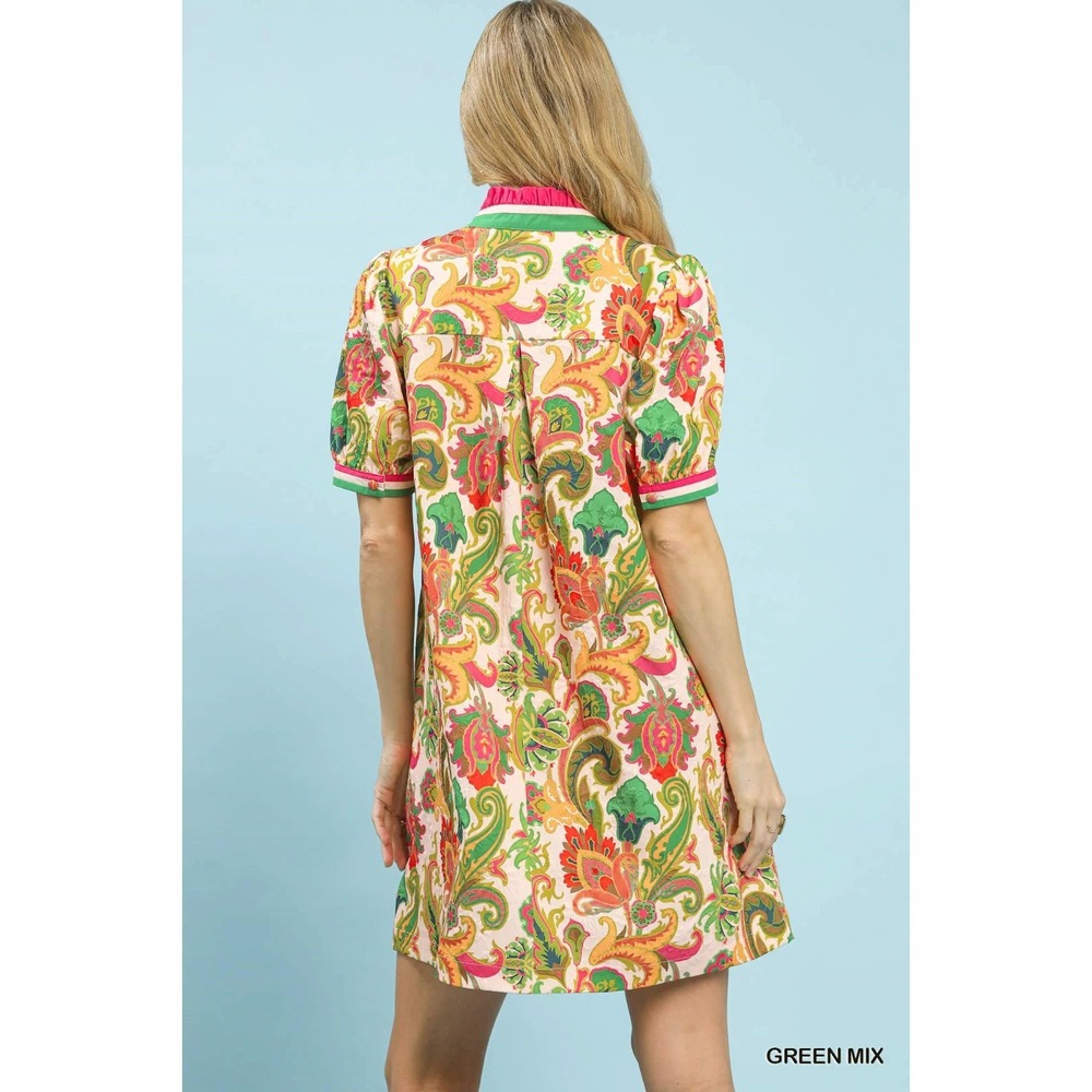 Umgee Jacquard Abstract Print Mini Dress - Green Mix - Medium - Picture 3 of 6